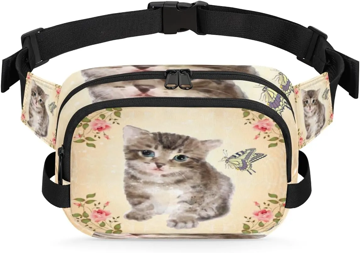 Fanny Pack for Women Men Animal Cat Paint Crossbody Belt Bag with 3 Zipper Pockets Fashion Waterproof Waist Pack with Adjustable Strap for Travel Running Hiking Cycling