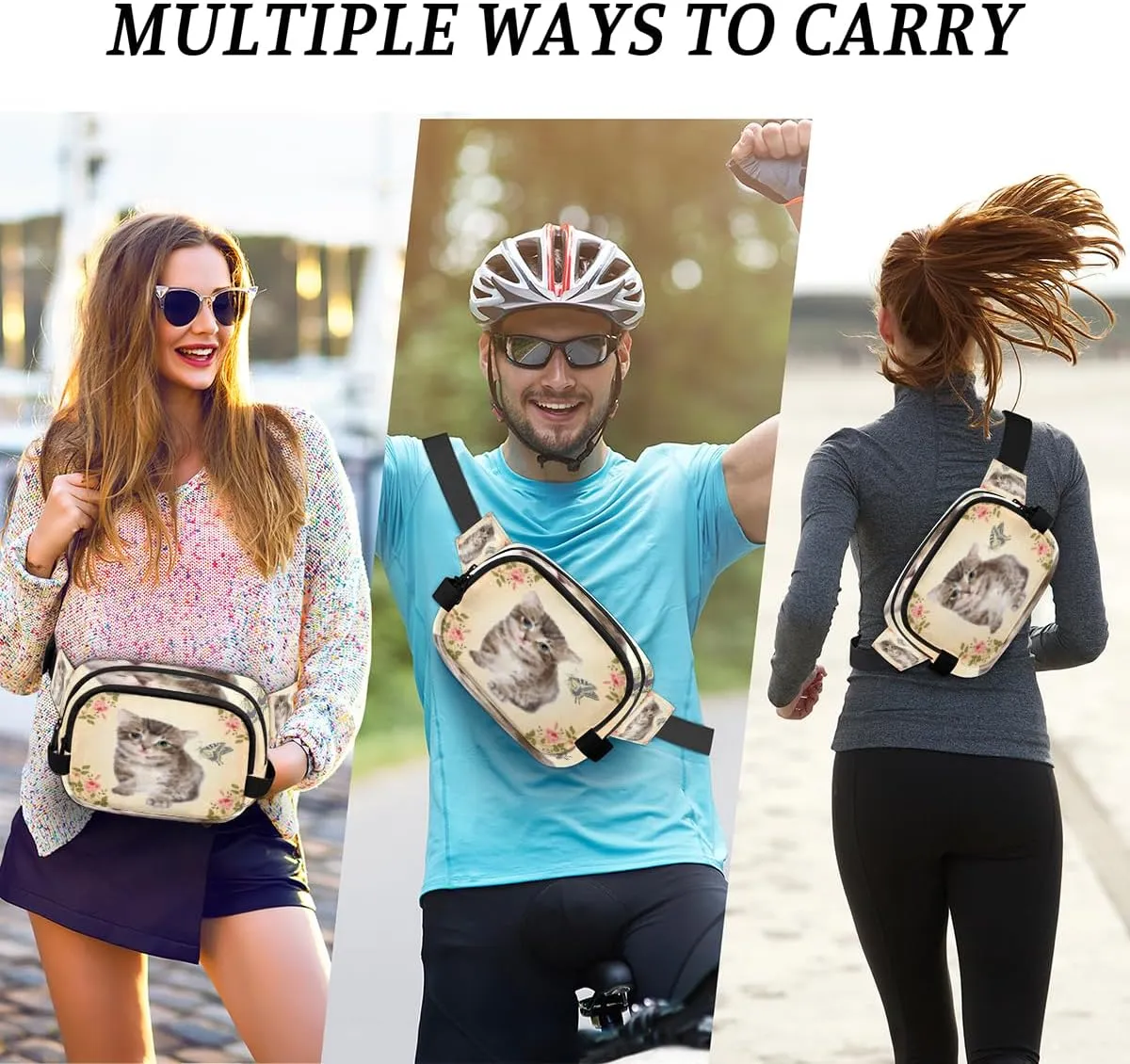 Fanny Pack for Women Men Animal Cat Paint Crossbody Belt Bag with 3 Zipper Pockets Fashion Waterproof Waist Pack with Adjustable Strap for Travel Running Hiking Cycling