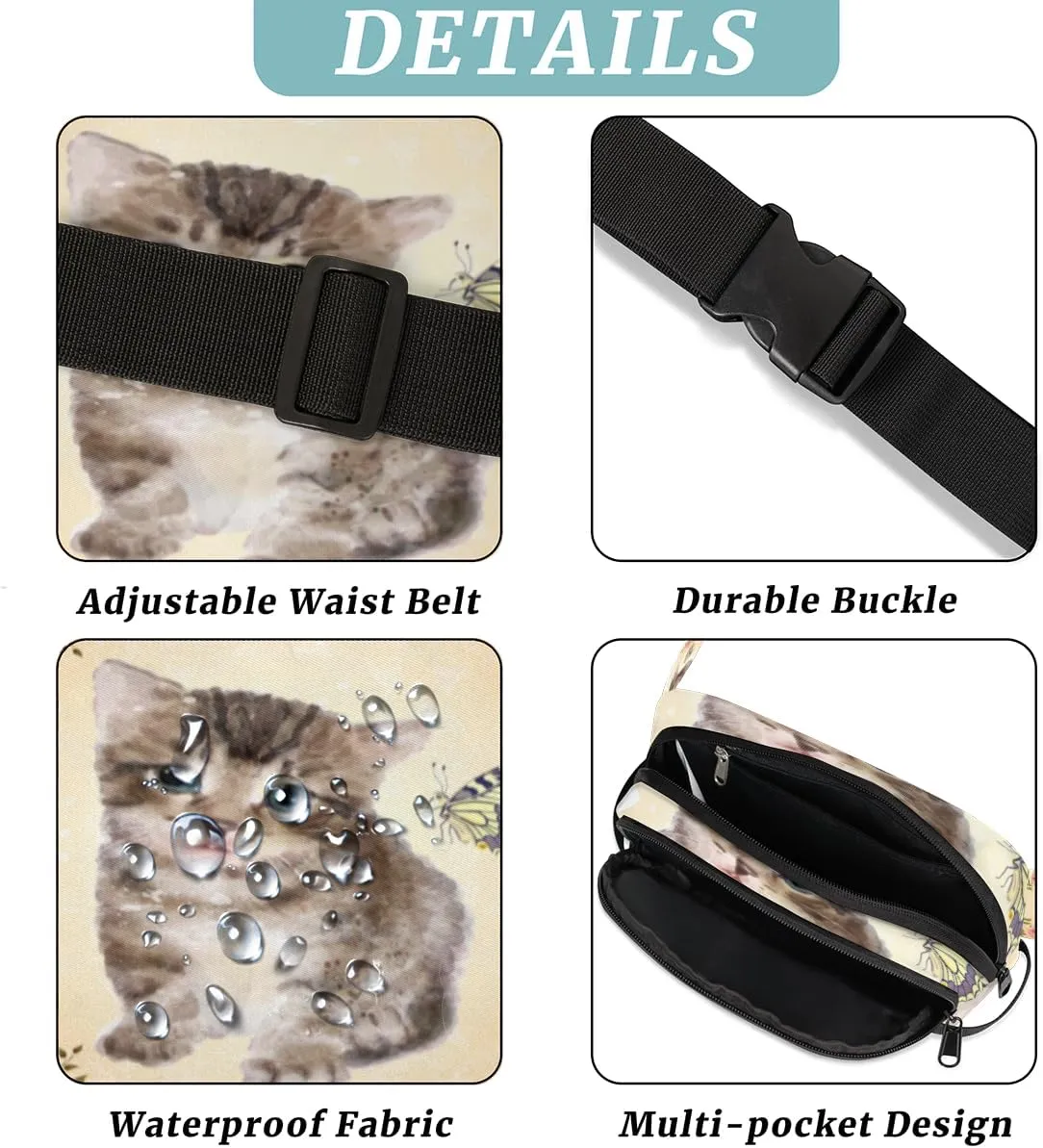 Fanny Pack for Women Men Animal Cat Paint Crossbody Belt Bag with 3 Zipper Pockets Fashion Waterproof Waist Pack with Adjustable Strap for Travel Running Hiking Cycling