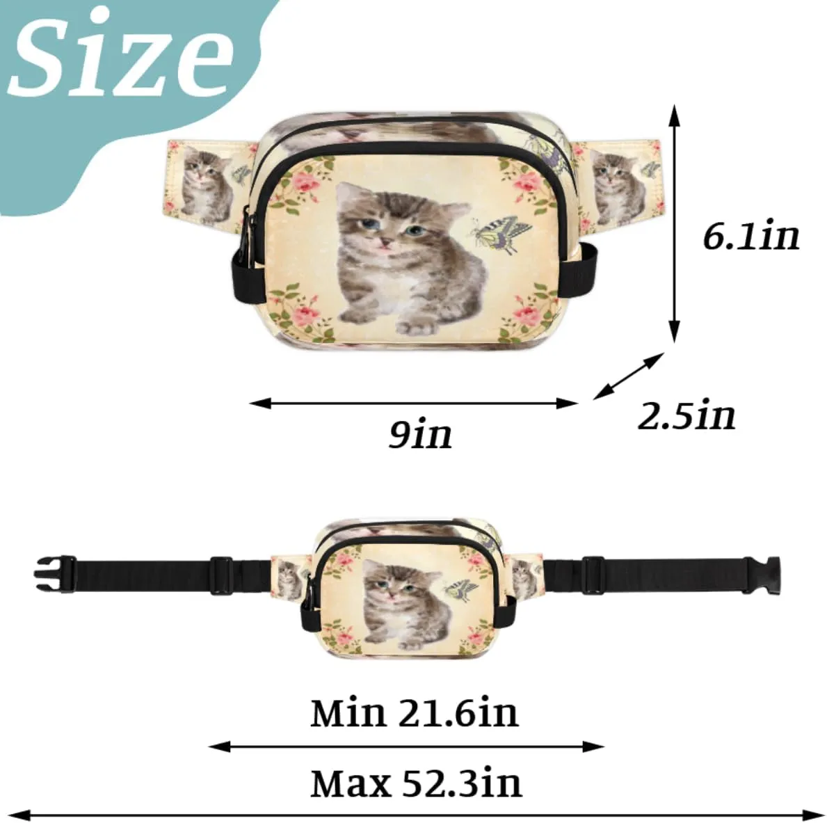 Fanny Pack for Women Men Animal Cat Paint Crossbody Belt Bag with 3 Zipper Pockets Fashion Waterproof Waist Pack with Adjustable Strap for Travel Running Hiking Cycling