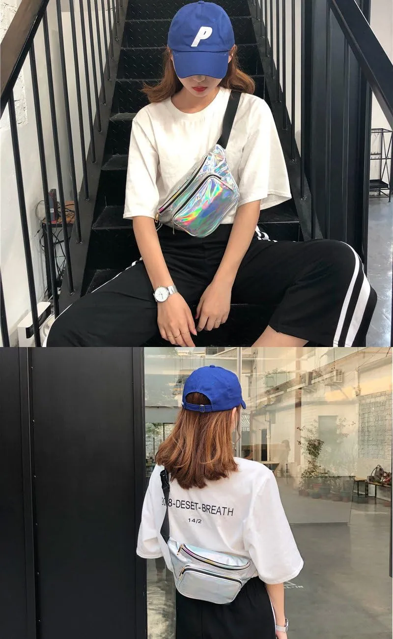 Fanny Pack for Women Party Waist Festival Money Belt Leather Pouch Concert Holographic Wallet Bum Bag Tote Silver