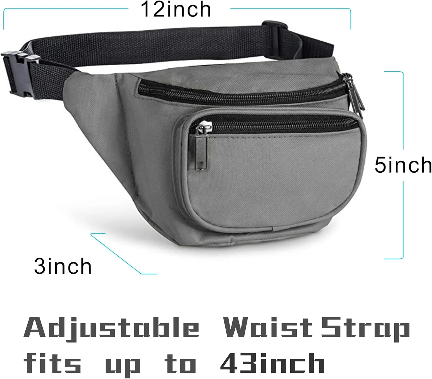 Fanny Pack, MISSMOON 3-Zipper Compartments Adjustable Waist Festival Workout Running Hiking Traveling Walking Sport Fishing Casual Hands-Free Wallets Crossbody Waist Pack Bag For Men Women GREY