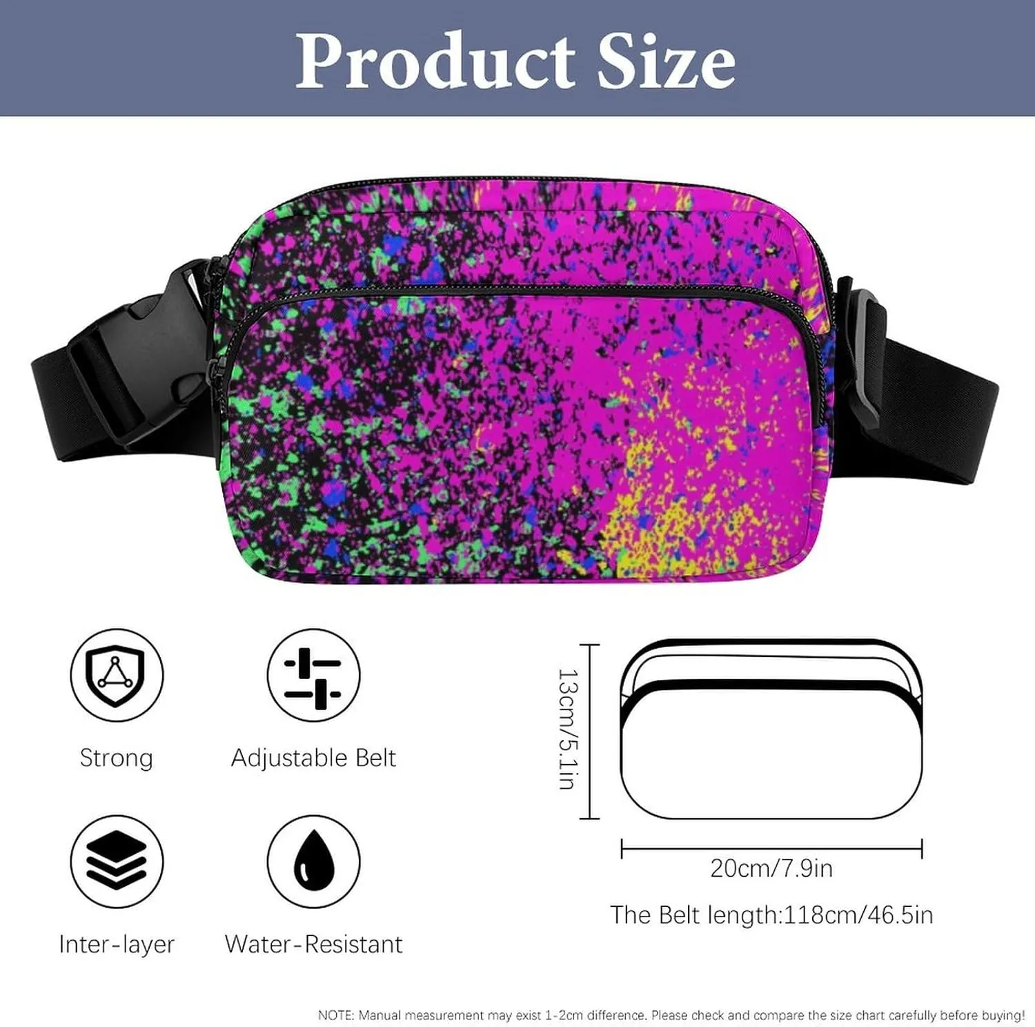 Fanny Pack Small Hip Bum Bag, Colorfu Acrylic Paint Splatter Blob On Black Crossbody Belt Bag With Adjustable Strap for Men Women, Waterproof Lightweight Sport Gym Workout Waist Pack