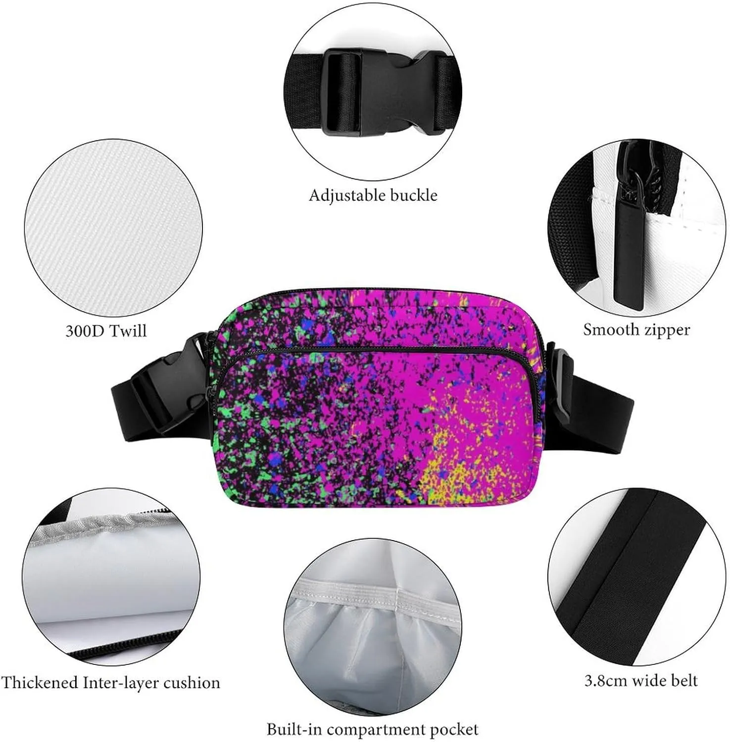 Fanny Pack Small Hip Bum Bag, Colorfu Acrylic Paint Splatter Blob On Black Crossbody Belt Bag With Adjustable Strap for Men Women, Waterproof Lightweight Sport Gym Workout Waist Pack