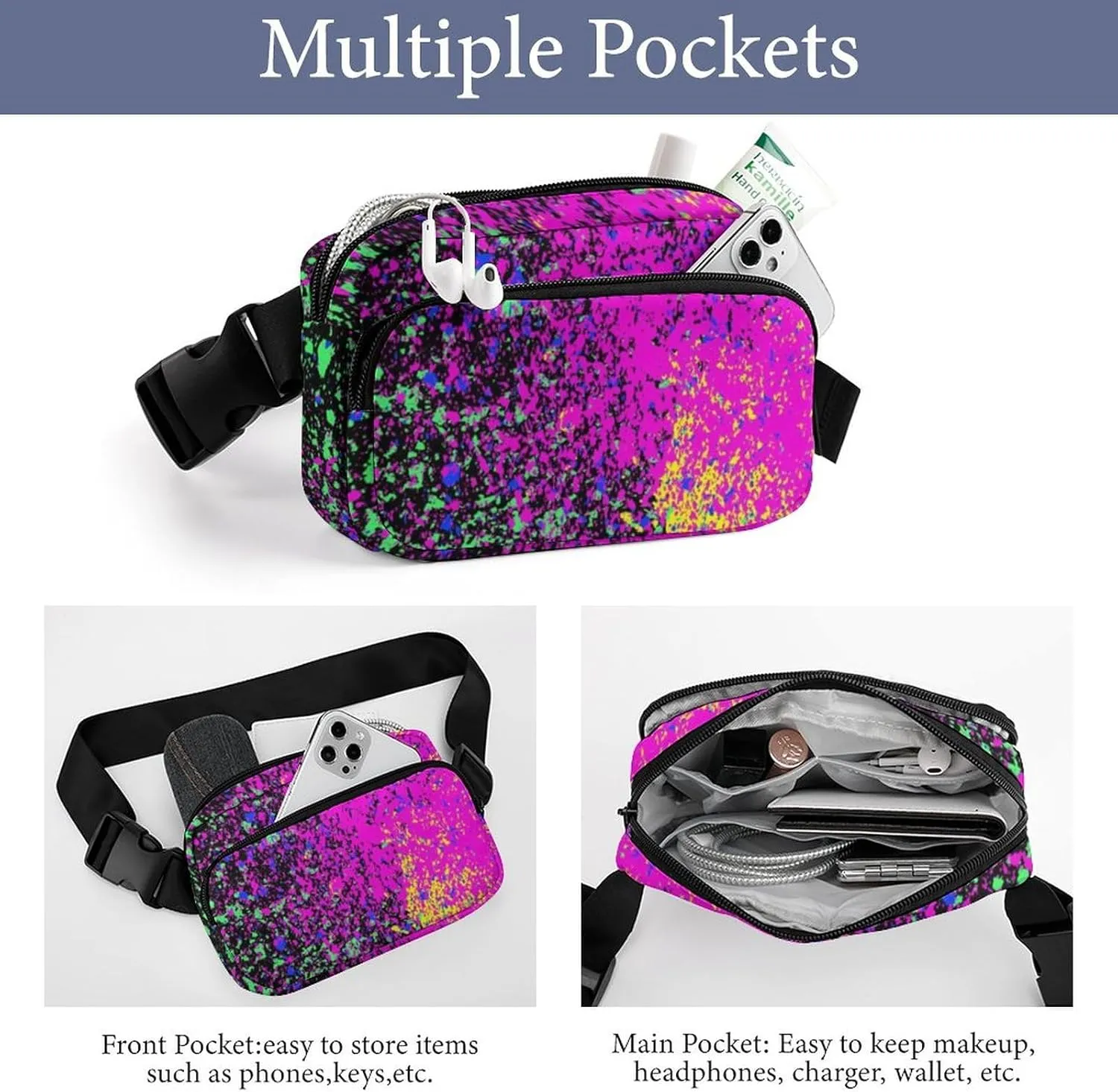 Fanny Pack Small Hip Bum Bag, Colorfu Acrylic Paint Splatter Blob On Black Crossbody Belt Bag With Adjustable Strap for Men Women, Waterproof Lightweight Sport Gym Workout Waist Pack