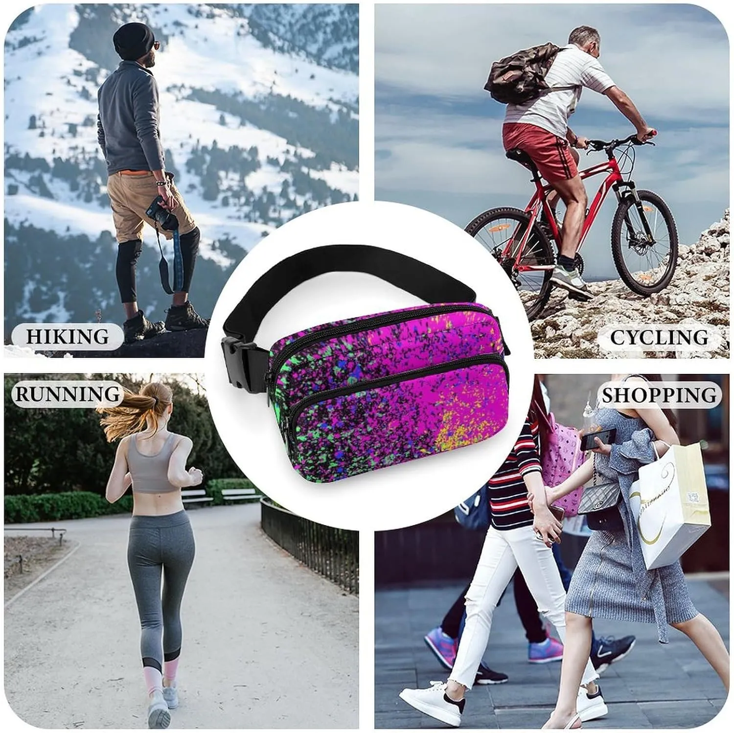 Fanny Pack Small Hip Bum Bag, Colorfu Acrylic Paint Splatter Blob On Black Crossbody Belt Bag With Adjustable Strap for Men Women, Waterproof Lightweight Sport Gym Workout Waist Pack
