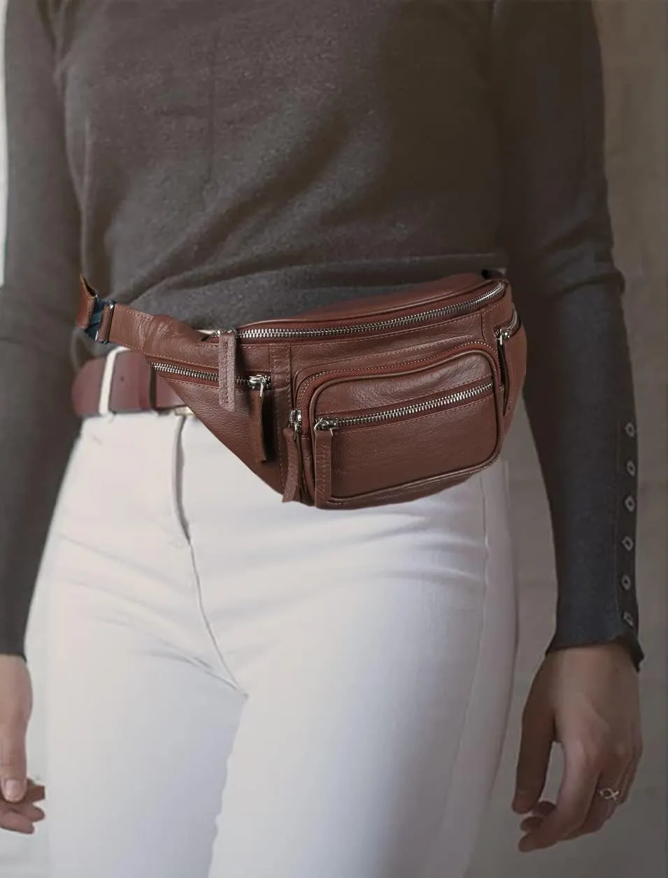 Fanny Pack Waist Bag Multifunction Genuine Leather Hip Bum Bag Travel Pouch for Men and Women | Multiple Pockets & Sturdy Zippers Ideal for Hiking Running And Cycling (Brown)