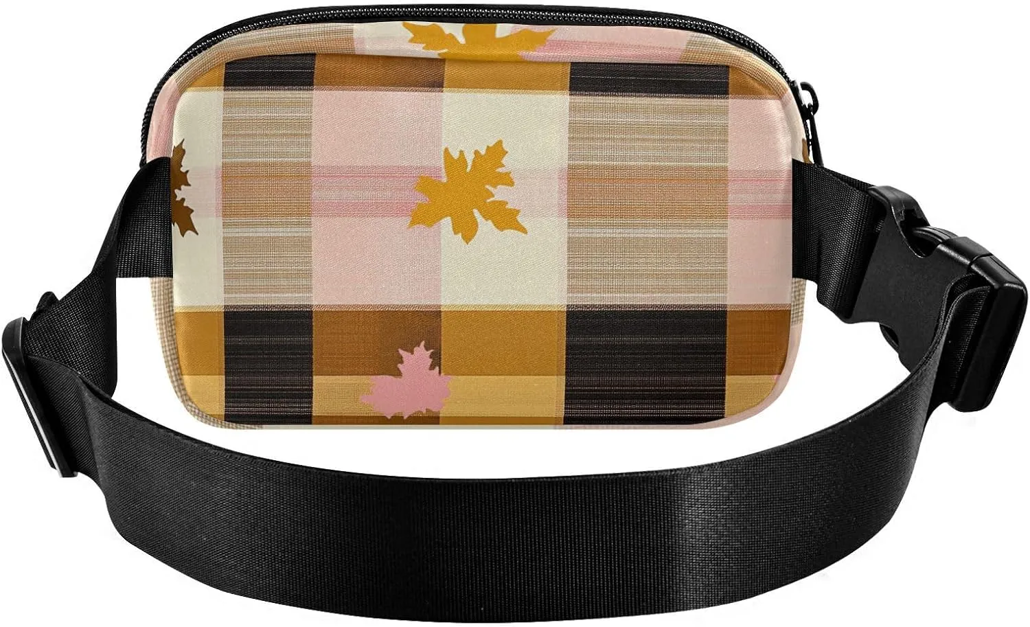 Fanny Pack Waist Bag with Adjustable Strap, Women Men Crossbody Sling Bags, Buffalo Plaid Check Yellow Rose Gold Leaves, Large Capacity Travel Wallet for Shopping Sports Work