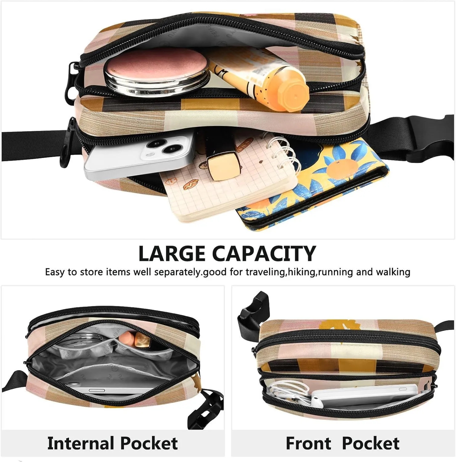 Fanny Pack Waist Bag with Adjustable Strap, Women Men Crossbody Sling Bags, Buffalo Plaid Check Yellow Rose Gold Leaves, Large Capacity Travel Wallet for Shopping Sports Work