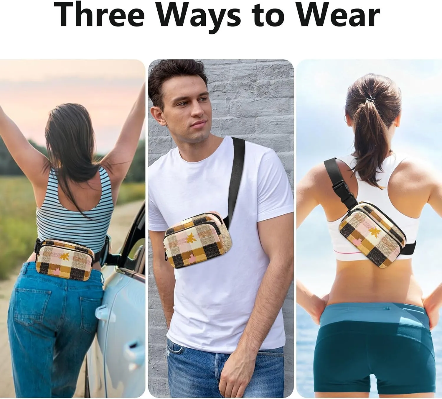 Fanny Pack Waist Bag with Adjustable Strap, Women Men Crossbody Sling Bags, Buffalo Plaid Check Yellow Rose Gold Leaves, Large Capacity Travel Wallet for Shopping Sports Work
