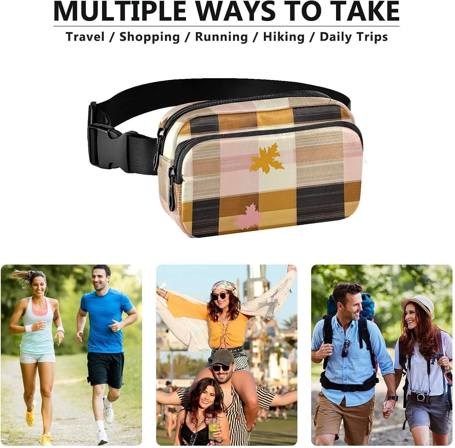 Fanny Pack Waist Bag with Adjustable Strap, Women Men Crossbody Sling Bags, Buffalo Plaid Check Yellow Rose Gold Leaves, Large Capacity Travel Wallet for Shopping Sports Work