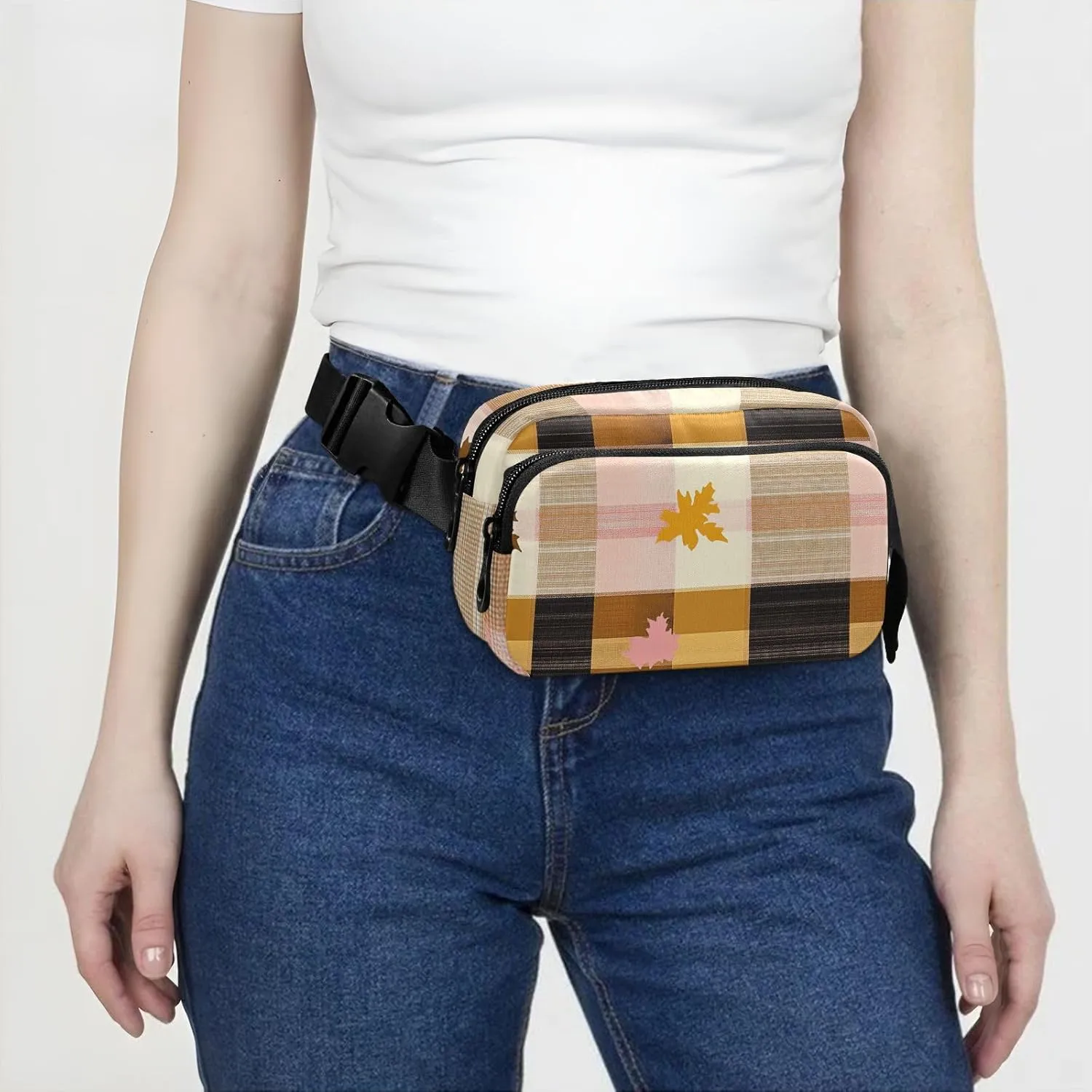 Fanny Pack Waist Bag with Adjustable Strap, Women Men Crossbody Sling Bags, Buffalo Plaid Check Yellow Rose Gold Leaves, Large Capacity Travel Wallet for Shopping Sports Work