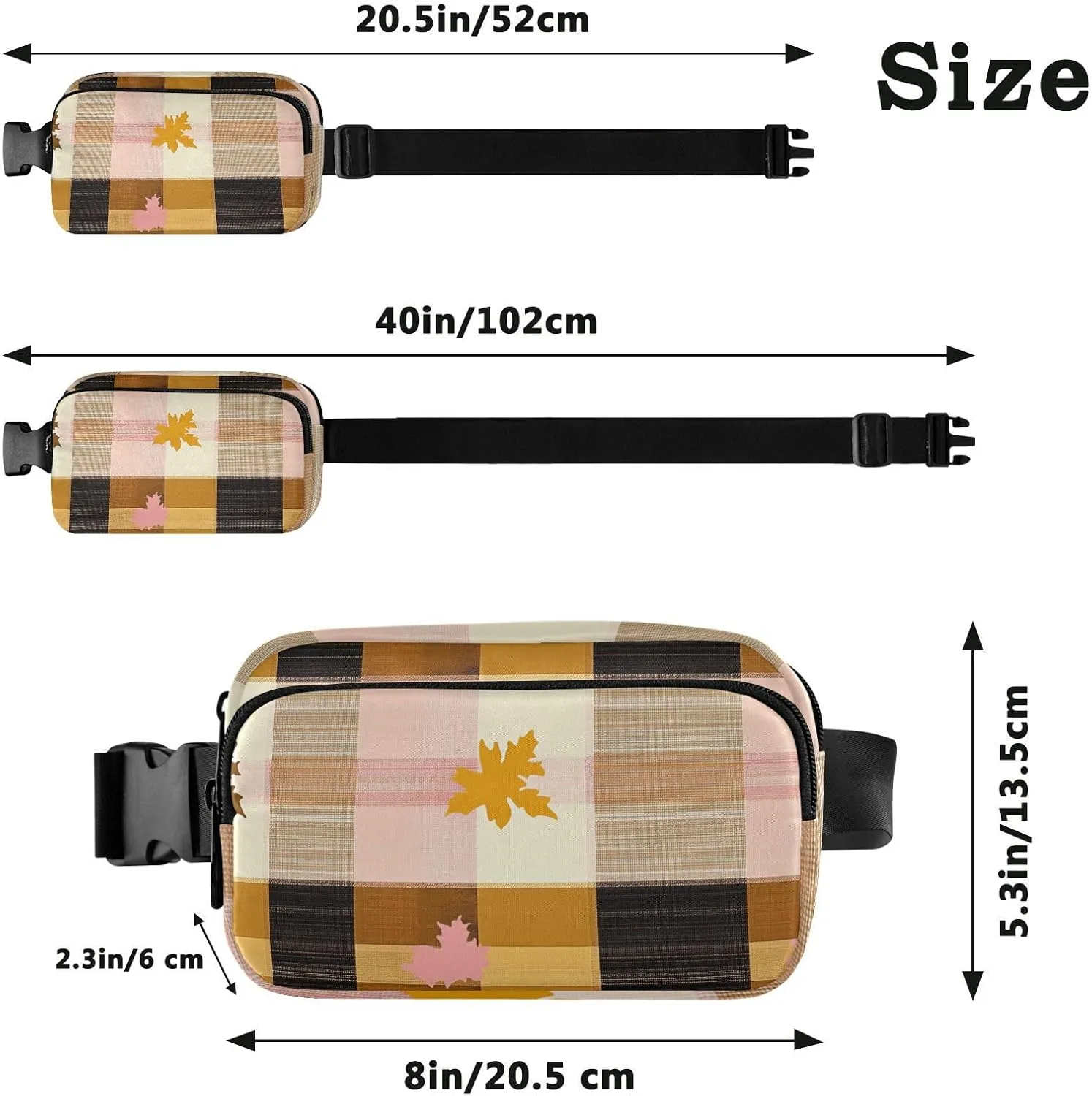 Fanny Pack Waist Bag with Adjustable Strap, Women Men Crossbody Sling Bags, Buffalo Plaid Check Yellow Rose Gold Leaves, Large Capacity Travel Wallet for Shopping Sports Work