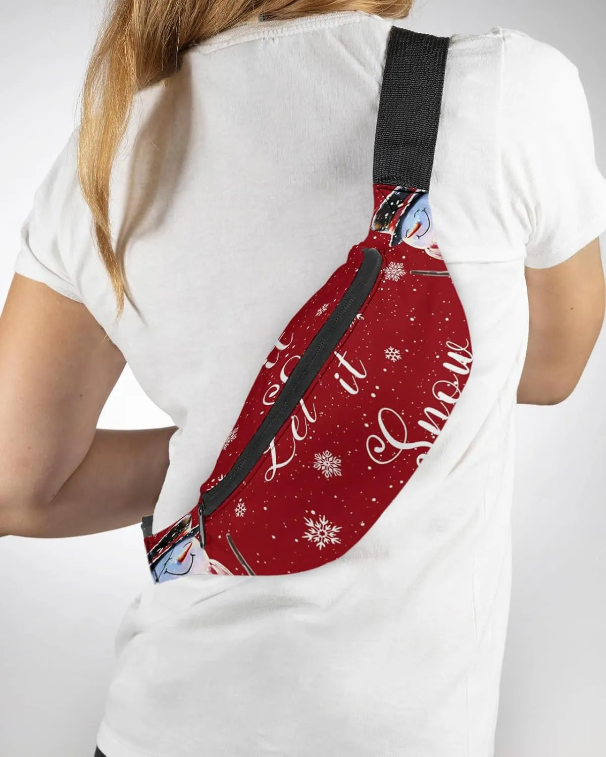 Fanny Pack,Christmas Snowman Snowflake Scarf Bird Oil Lamp Winter Red Background Waist Packs with Adjustable Belt,Casual Bag Bum Bags for Travel Sports Running 14"x5"