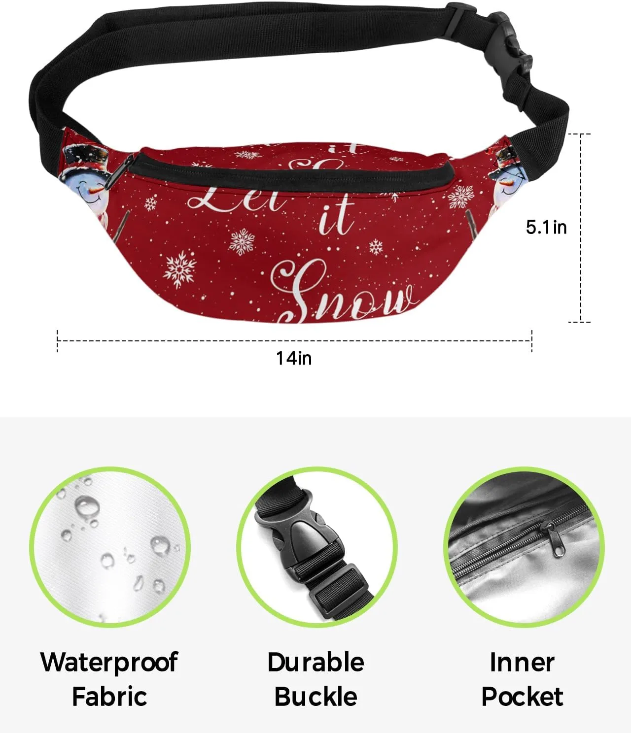 Fanny Pack,Christmas Snowman Snowflake Scarf Bird Oil Lamp Winter Red Background Waist Packs with Adjustable Belt,Casual Bag Bum Bags for Travel Sports Running 14"x5"