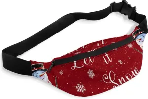 Fanny Pack,Christmas Snowman Snowflake Scarf Bird Oil Lamp Winter Red Background Waist Packs with Adjustable Belt,Casual Bag Bum Bags for Travel Sports Running 14"x5"