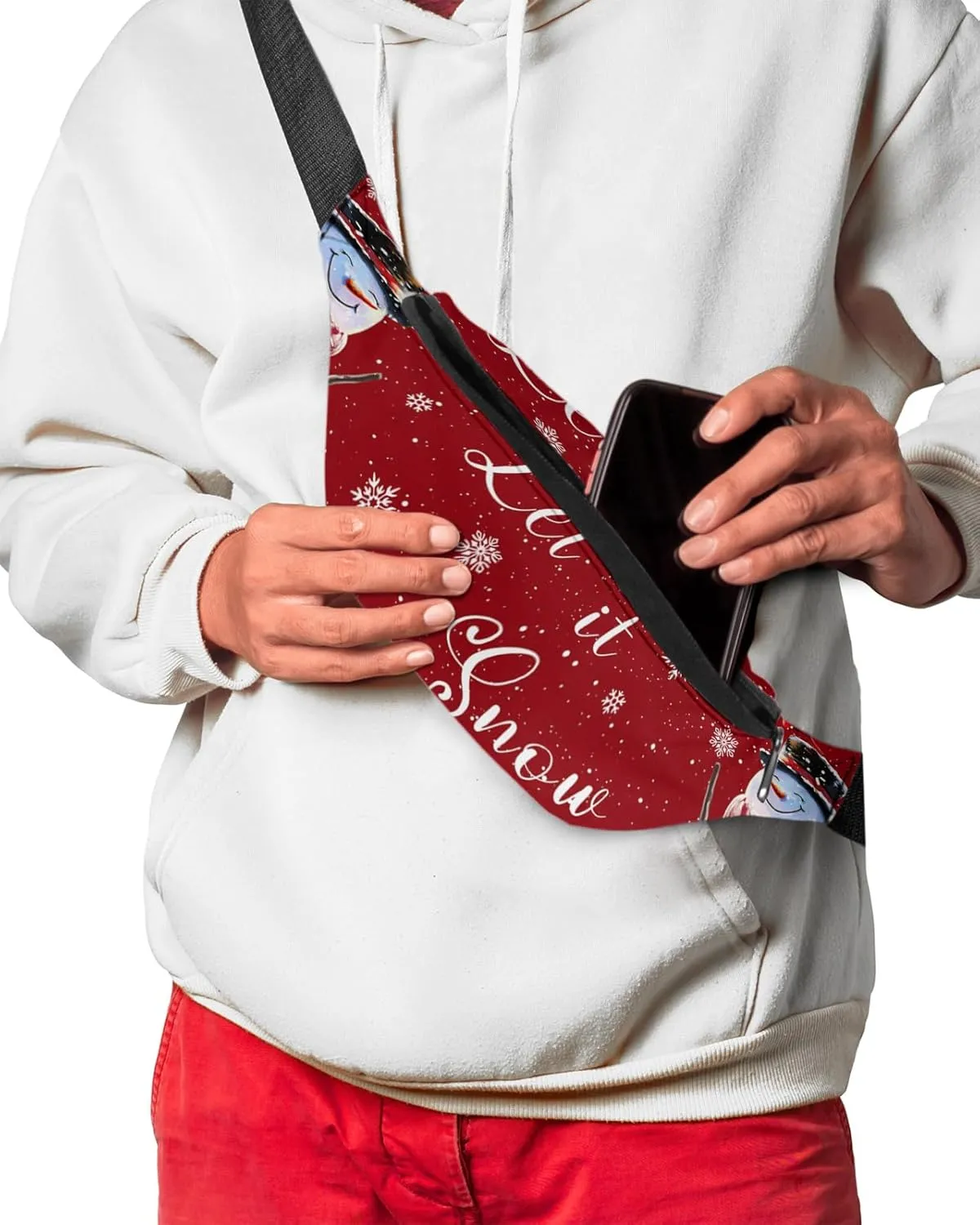 Fanny Pack,Christmas Snowman Snowflake Scarf Bird Oil Lamp Winter Red Background Waist Packs with Adjustable Belt,Casual Bag Bum Bags for Travel Sports Running 14"x5"