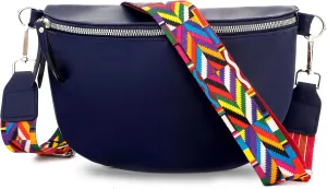 Fanny Packs for Women Cross Body Belt Bag for Women with Guitar Strap PU Leather Crossbody Bags for Women Trendy Cute Designer Bum Bags for Travel Everyday(Navy)