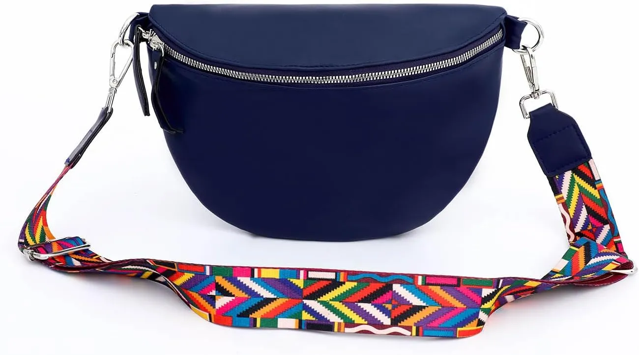 Fanny Packs for Women Cross Body Belt Bag for Women with Guitar Strap PU Leather Crossbody Bags for Women Trendy Cute Designer Bum Bags for Travel Everyday(Navy)