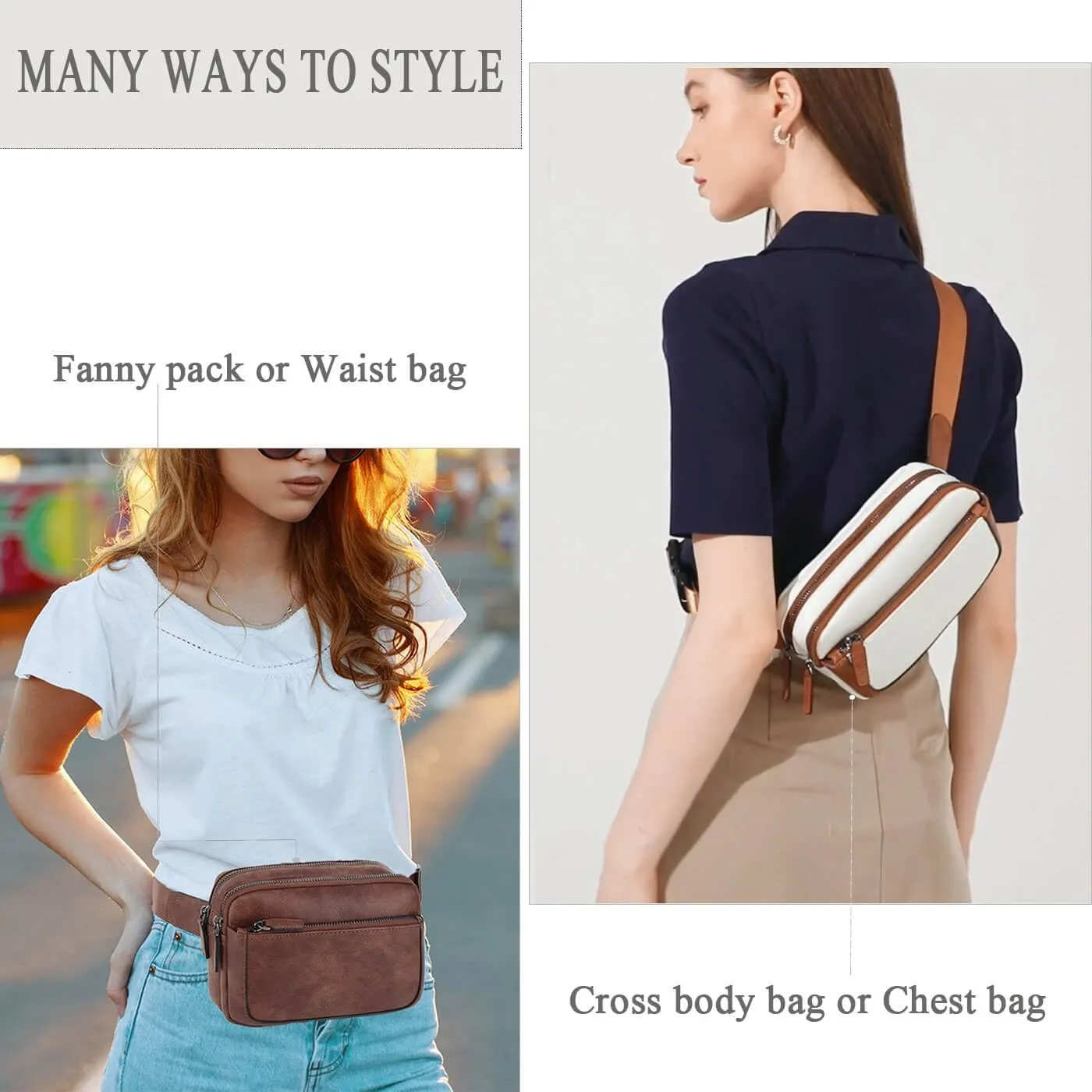 Fanny Packs for Women, Leather Vegan Belt Bag Crossbody Waist Bag Adjustable Strap, Large Fashion Everywhere Belt Bag, Coffee