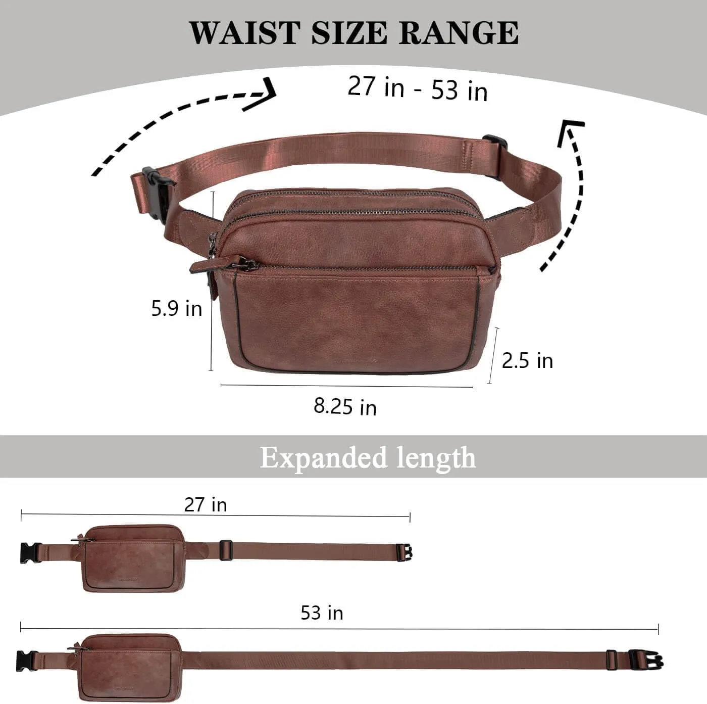 Fanny Packs for Women, Leather Vegan Belt Bag Crossbody Waist Bag Adjustable Strap, Large Fashion Everywhere Belt Bag, Coffee