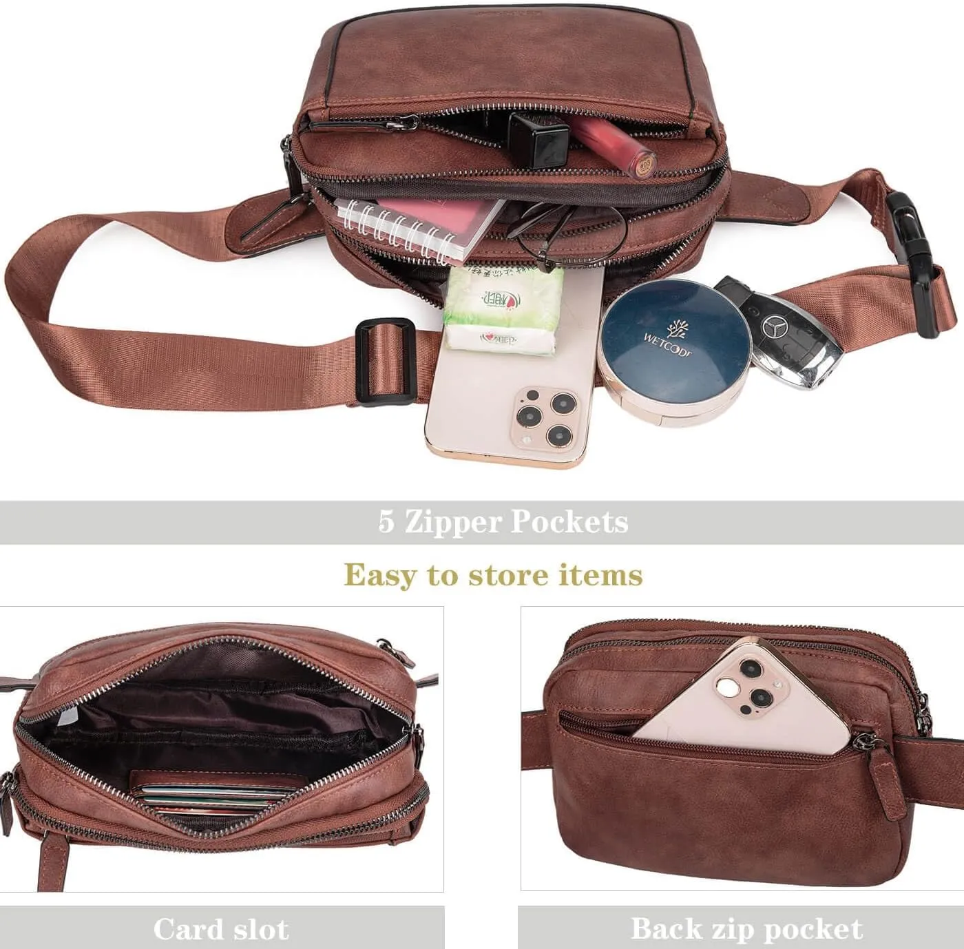 Fanny Packs for Women, Leather Vegan Belt Bag Crossbody Waist Bag Adjustable Strap, Large Fashion Everywhere Belt Bag, Coffee