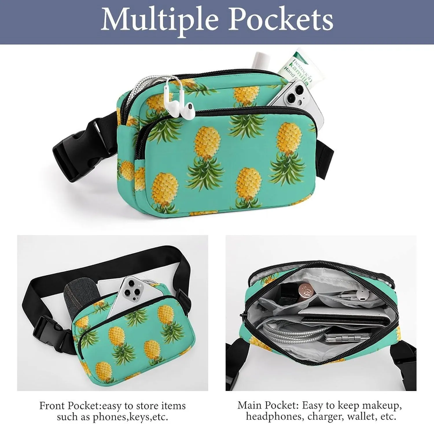 Fanny Packs for Women Men, Cross Body Bag Belt Bag Fashion Waist Bag with Adjustable Strap, Upside Down Pineapples Tropical