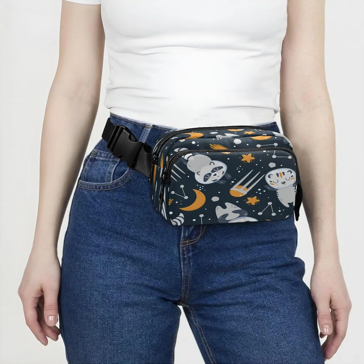 Fanny Packs for Women Men Cute Astronauts Raccoon Belt Bag Waterproof Fashion Waist Pack with Adjustable Strap Tiger Panda Waist Bag Hip Bumbags for Running Workout Travel Hiking Cycling