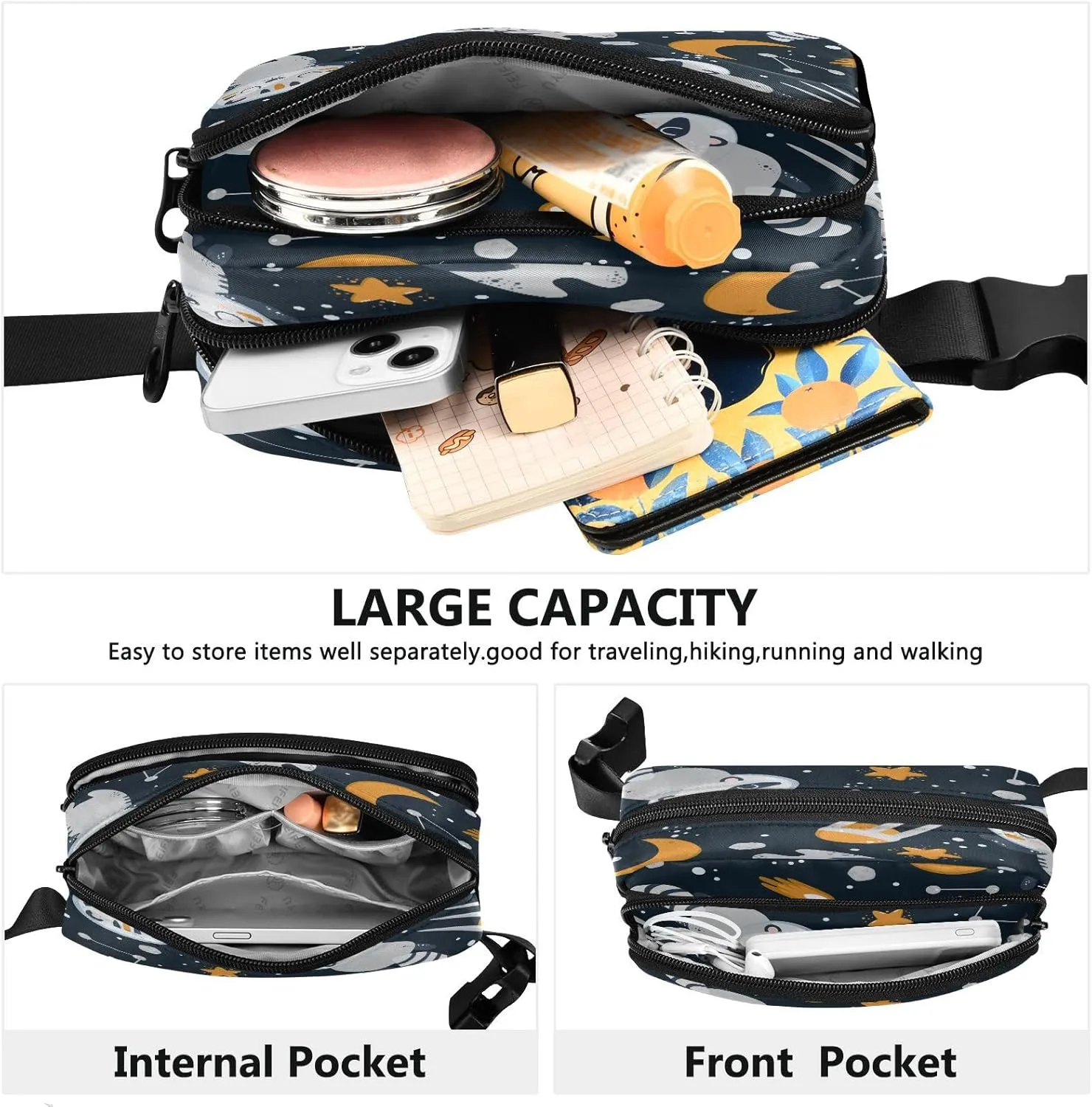 Fanny Packs for Women Men Cute Astronauts Raccoon Belt Bag Waterproof Fashion Waist Pack with Adjustable Strap Tiger Panda Waist Bag Hip Bumbags for Running Workout Travel Hiking Cycling