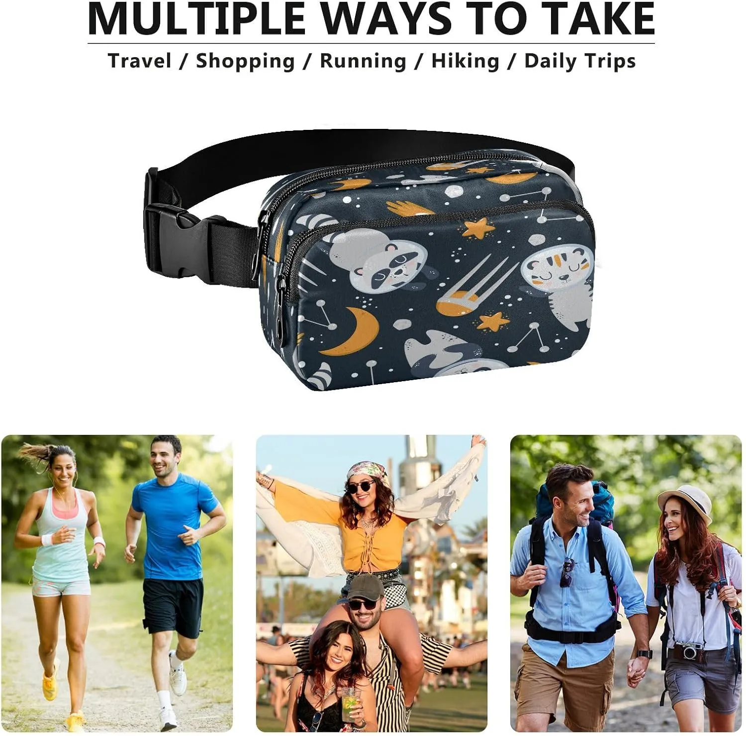 Fanny Packs for Women Men Cute Astronauts Raccoon Belt Bag Waterproof Fashion Waist Pack with Adjustable Strap Tiger Panda Waist Bag Hip Bumbags for Running Workout Travel Hiking Cycling