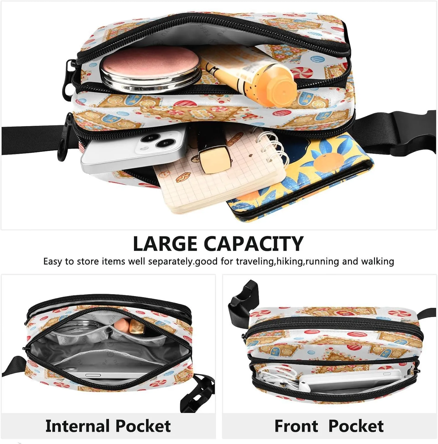 Fanny Packs for Women Men Cute Christmas Cookie Belt Bag Waterproof Fashion Waist Pack with Adjustable Strap Xmas Gingerbread House Waist Bag Hip Bumbags for Running Workout Travel Hiking Cycling