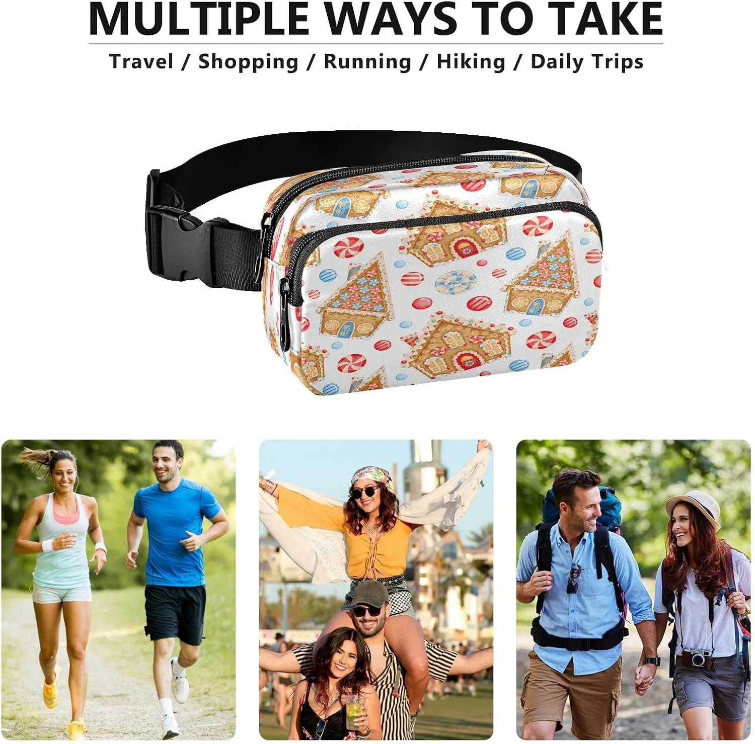 Fanny Packs for Women Men Cute Christmas Cookie Belt Bag Waterproof Fashion Waist Pack with Adjustable Strap Xmas Gingerbread House Waist Bag Hip Bumbags for Running Workout Travel Hiking Cycling