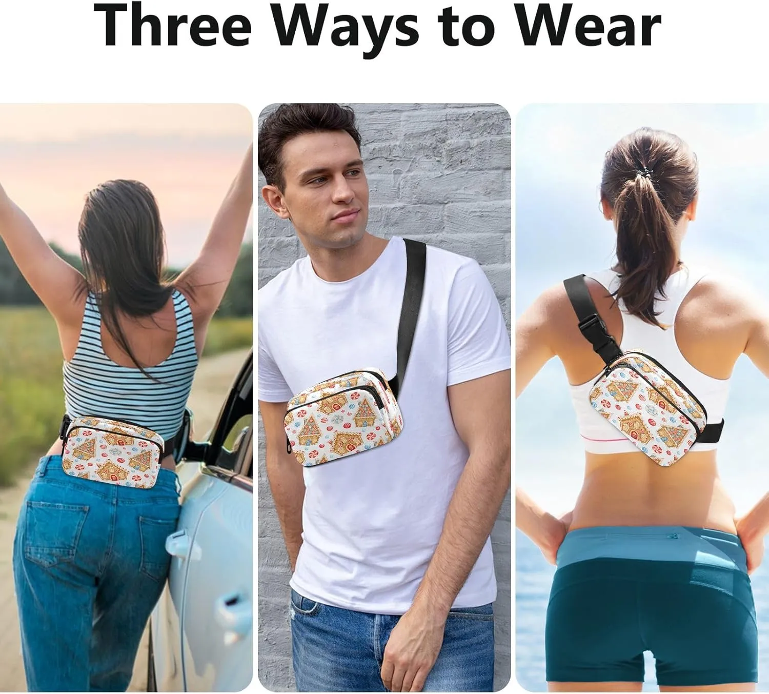 Fanny Packs for Women Men Cute Christmas Cookie Belt Bag Waterproof Fashion Waist Pack with Adjustable Strap Xmas Gingerbread House Waist Bag Hip Bumbags for Running Workout Travel Hiking Cycling