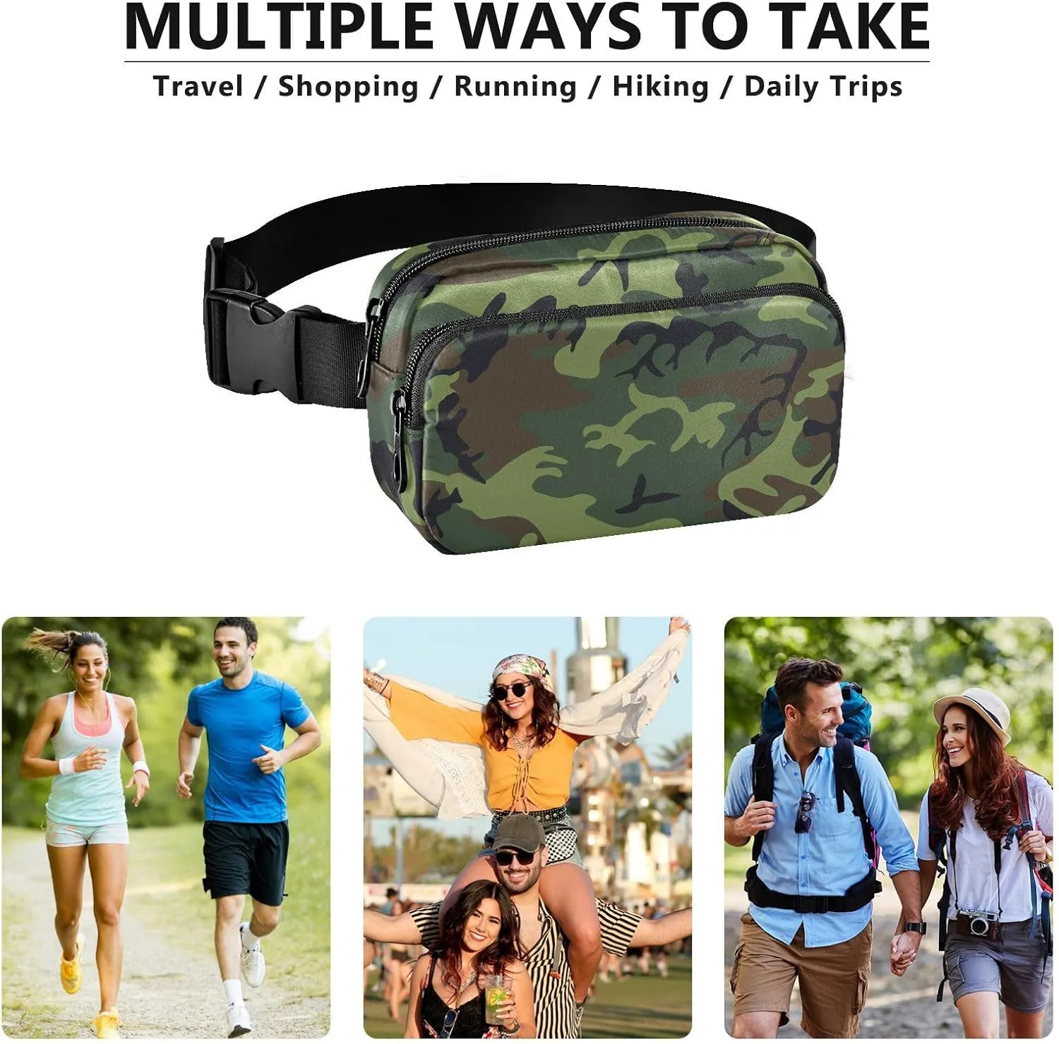 Fanny Packs for Women Men Waterproof Belt Bag with Adjustable Strap Waist Pack for Travel Walking Running Hiking Cycling Sports Camouflage Green