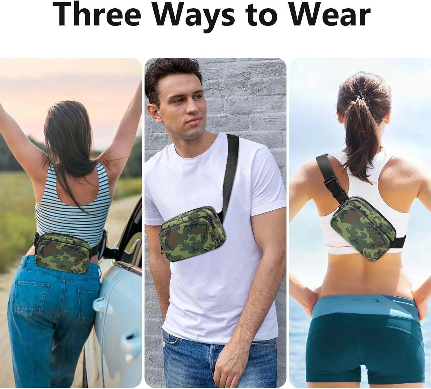 Fanny Packs for Women Men Waterproof Belt Bag with Adjustable Strap Waist Pack for Travel Walking Running Hiking Cycling Sports Camouflage Green