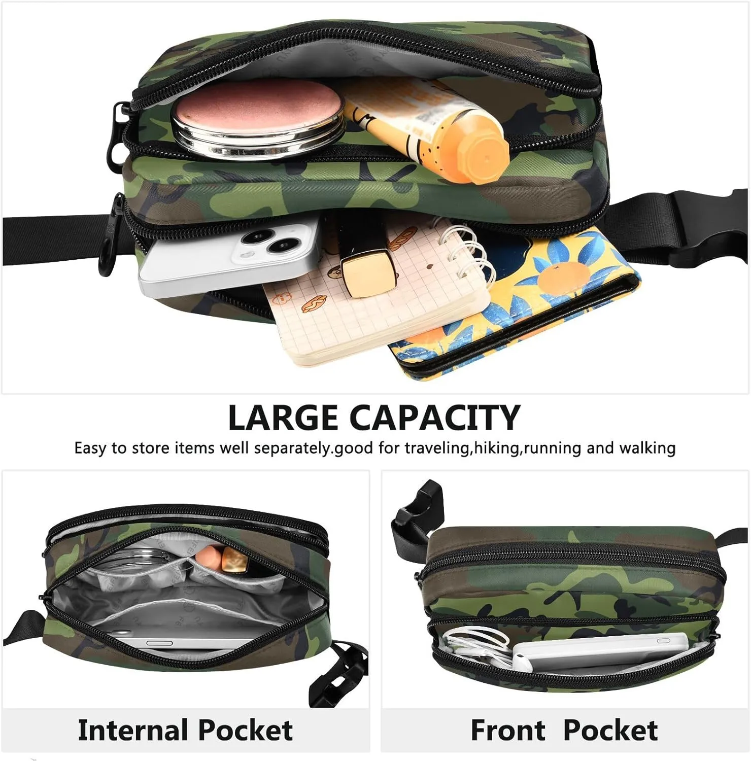 Fanny Packs for Women Men Waterproof Belt Bag with Adjustable Strap Waist Pack for Travel Walking Running Hiking Cycling Sports Camouflage Green