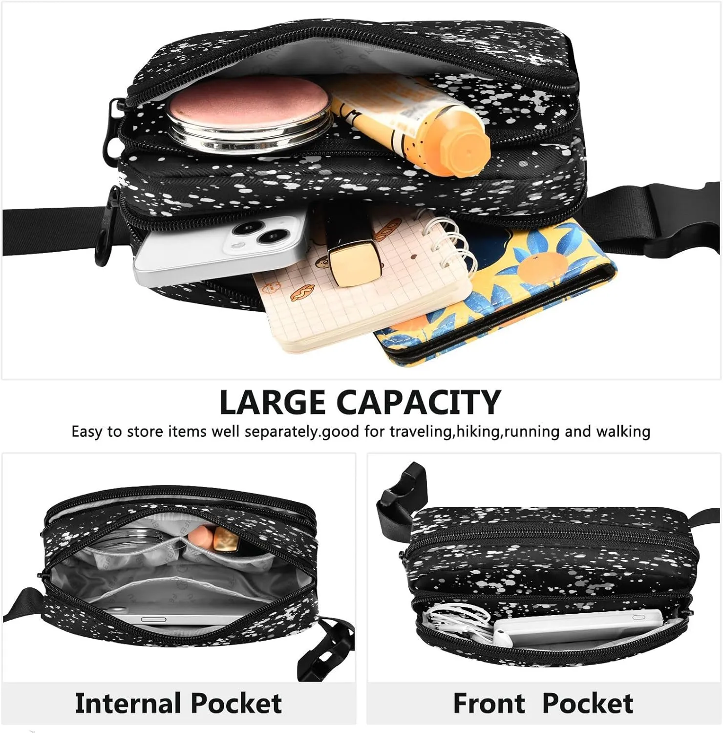 Fanny Packs for Women Men White Speckles Belt Bag Waterproof Fashion Waist Pack with Adjustable Strap Waist Bag Hip Bumbags for Running Workout Travel Hiking Cycling