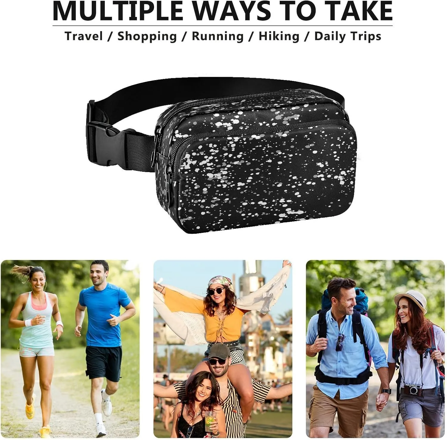 Fanny Packs for Women Men White Speckles Belt Bag Waterproof Fashion Waist Pack with Adjustable Strap Waist Bag Hip Bumbags for Running Workout Travel Hiking Cycling