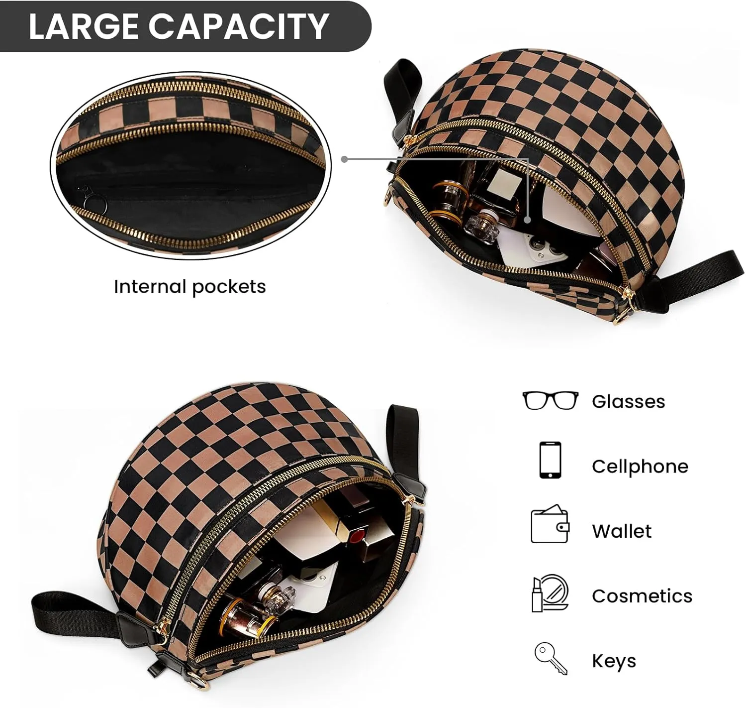 Fanny Packs for Women,Nylon Crossbody Bag Checkered Bum Bags Black and White Checkered Belt Bag Checkered Purse (Mocha)