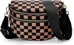 Fanny Packs for Women,Nylon Crossbody Bag Checkered Bum Bags Black and White Checkered Belt Bag Checkered Purse (Mocha)