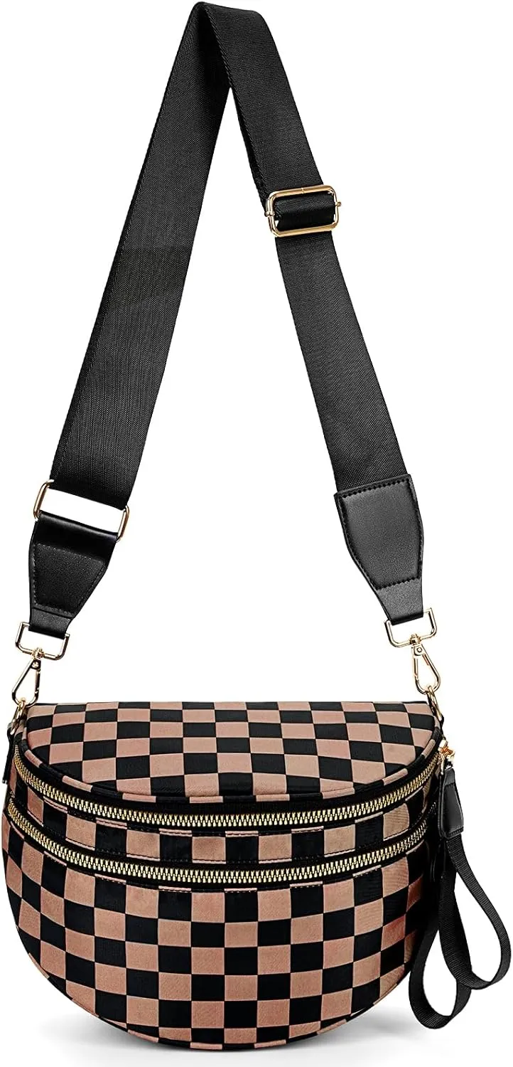 Fanny Packs for Women,Nylon Crossbody Bag Checkered Bum Bags Black and White Checkered Belt Bag Checkered Purse (Mocha)