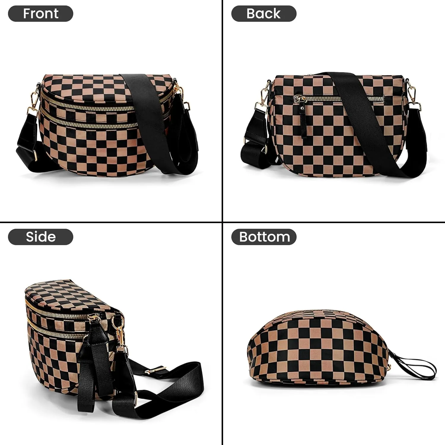 Fanny Packs for Women,Nylon Crossbody Bag Checkered Bum Bags Black and White Checkered Belt Bag Checkered Purse (Mocha)