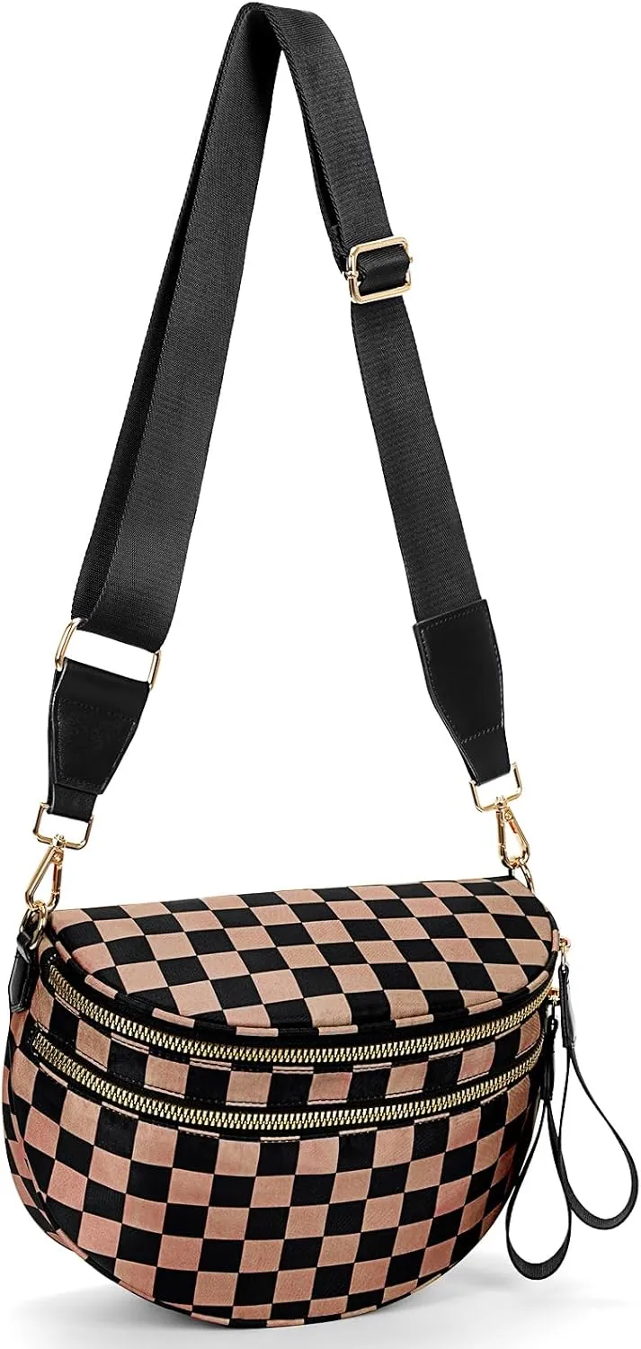 Fanny Packs for Women,Nylon Crossbody Bag Checkered Bum Bags Black and White Checkered Belt Bag Checkered Purse (Mocha)