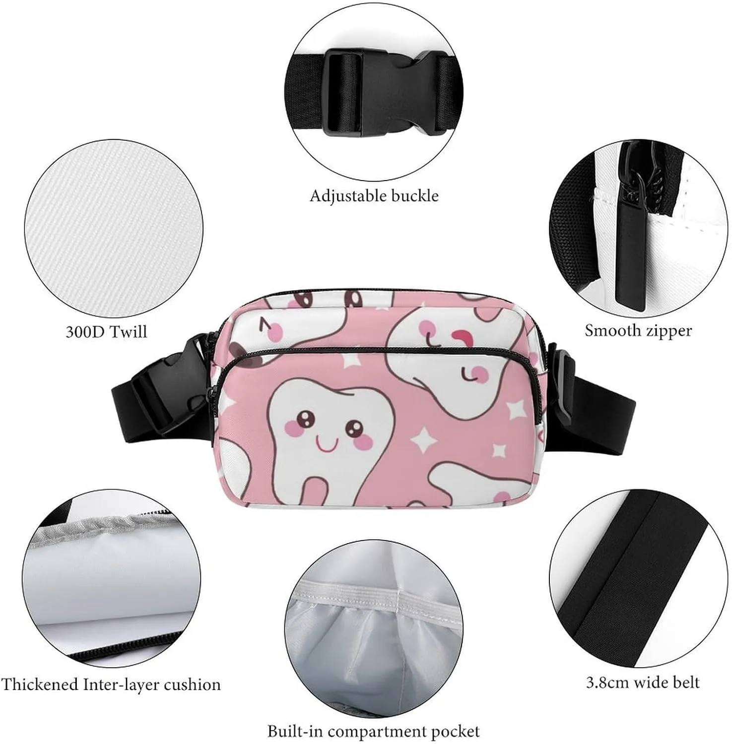 Fashion Belt Bag, Bag, Cute Dental Teeth Pink Chest Pack Crossbody Bags, Tool Backpack, Gym Bags Sack Daypack Outdoor Backpack for Man Women Lady