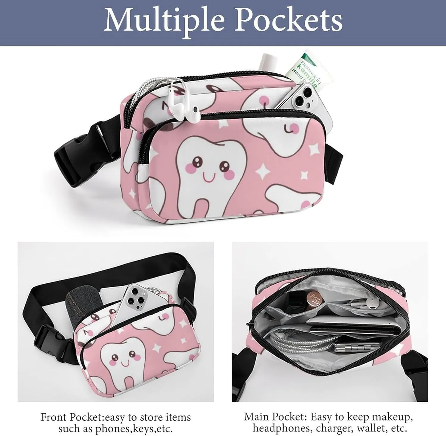 Fashion Belt Bag, Bag, Cute Dental Teeth Pink Chest Pack Crossbody Bags, Tool Backpack, Gym Bags Sack Daypack Outdoor Backpack for Man Women Lady