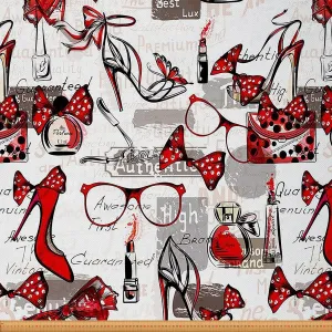 Fashion Fabricsfabric by The Yard, High Heels Bags and Perfume Glasses Cool Beauty Womens Items Upholstery Fabric, Mature Quality Waterproof Fabric, Upholstery and Home Accents, Black Red, 3 Yards