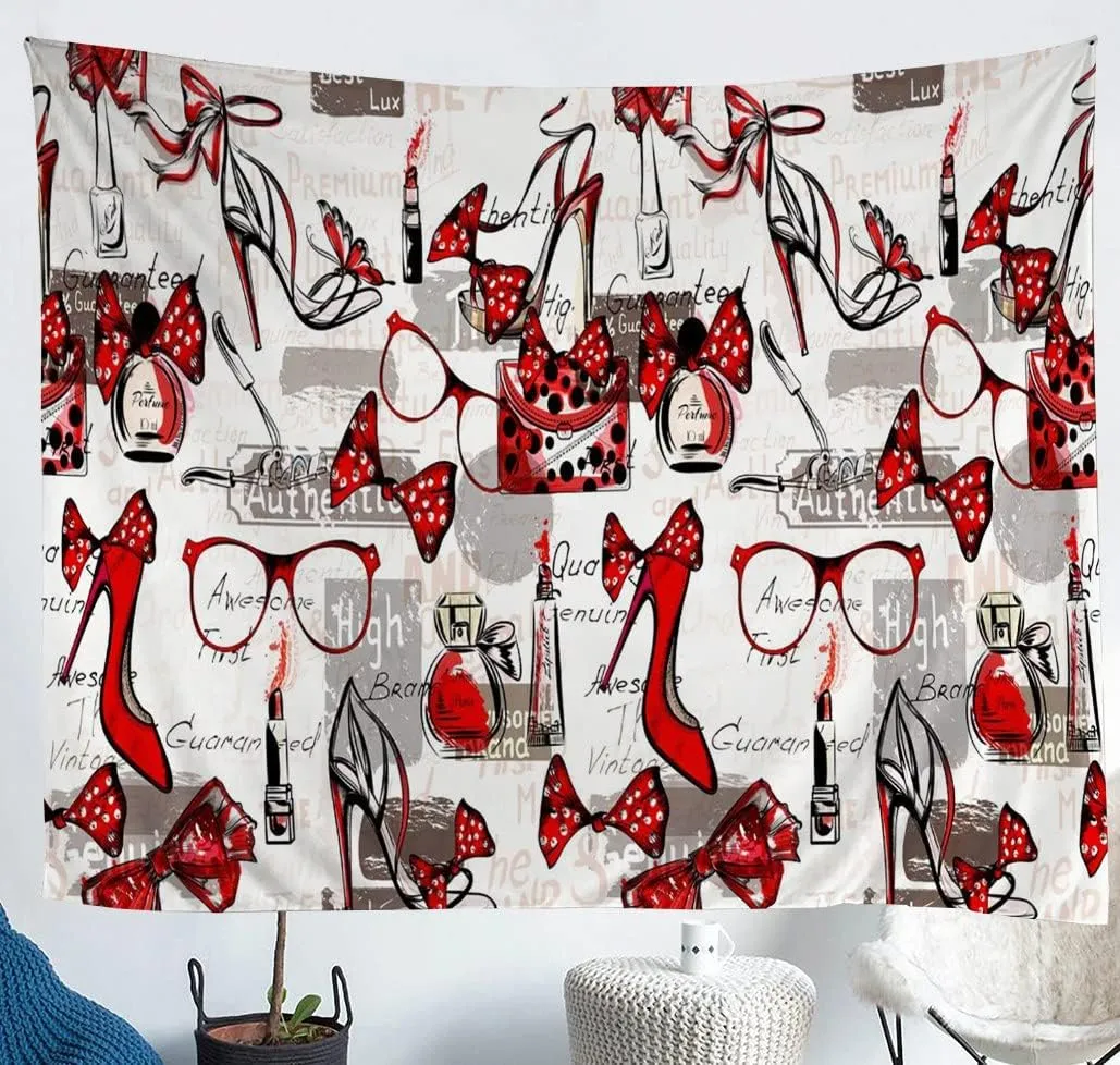 Fashion Fabricsfabric by The Yard, High Heels Bags and Perfume Glasses Cool Beauty Womens Items Upholstery Fabric, Mature Quality Waterproof Fabric, Upholstery and Home Accents, Black Red, 3 Yards