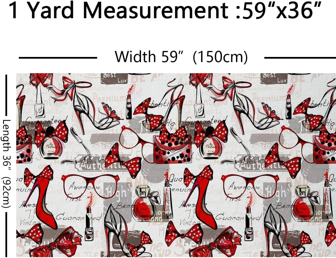 Fashion Fabricsfabric by The Yard, High Heels Bags and Perfume Glasses Cool Beauty Womens Items Upholstery Fabric, Mature Quality Waterproof Fabric, Upholstery and Home Accents, Black Red, 3 Yards
