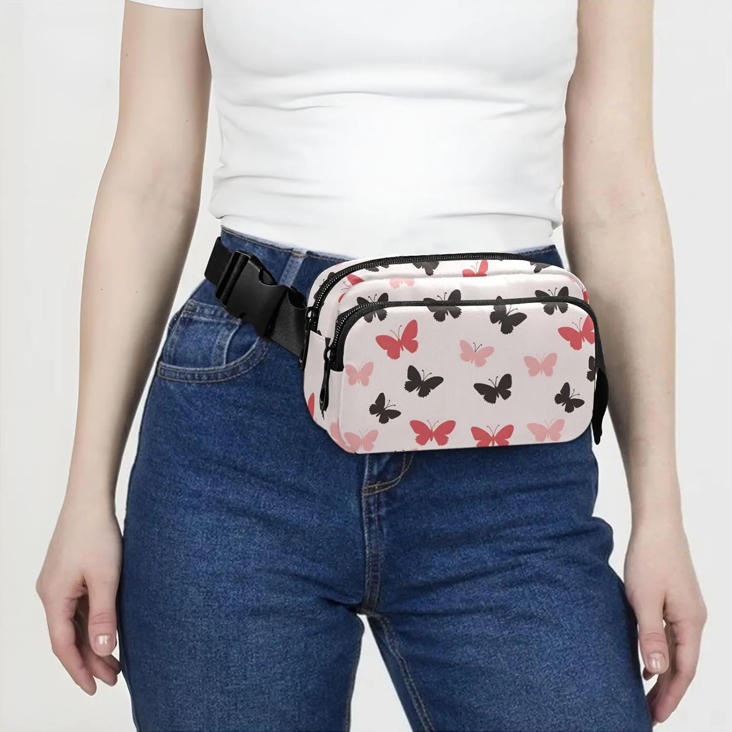 Fashion Waist Pack Crossbody Bags for Women Men with Adjustable Strap, Red Black Butterfly Crossbody Fanny Packs Mini Chest Belt Bag for Run Travel Outdoor Cycling Hiking