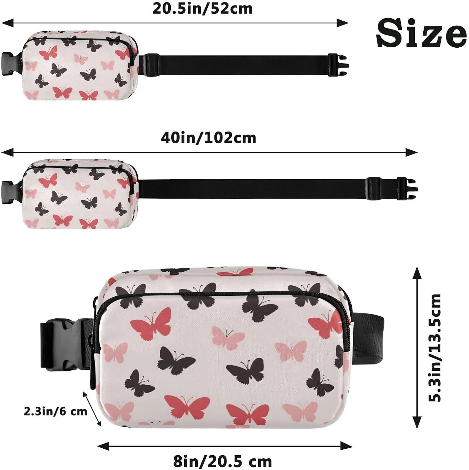 Fashion Waist Pack Crossbody Bags for Women Men with Adjustable Strap, Red Black Butterfly Crossbody Fanny Packs Mini Chest Belt Bag for Run Travel Outdoor Cycling Hiking